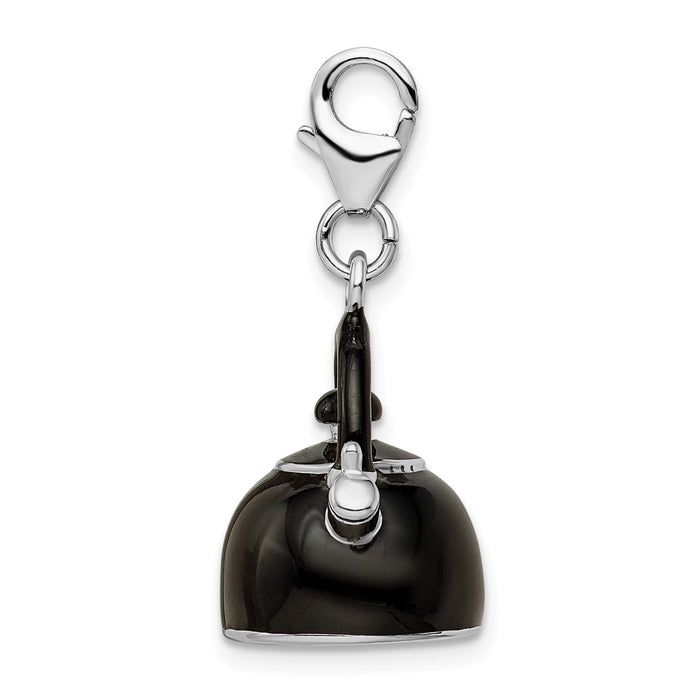 Million Charms 925 Sterling Silver With Rhodium-Plated 3-D Enameled Black Tea Kettle With Lobster Clasp Charm