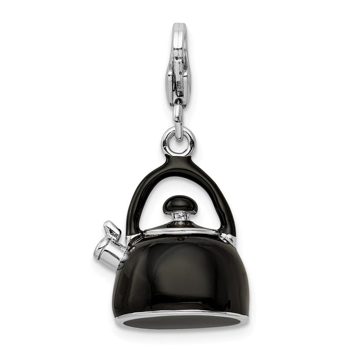 Million Charms 925 Sterling Silver With Rhodium-Plated 3-D Enameled Black Tea Kettle With Lobster Clasp Charm
