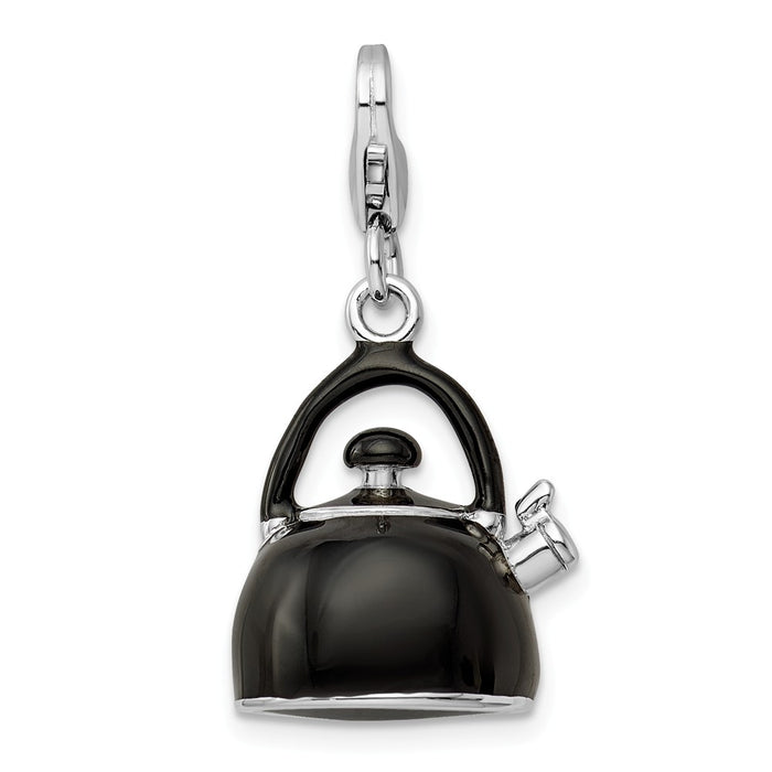 Million Charms 925 Sterling Silver With Rhodium-Plated 3-D Enameled Black Tea Kettle With Lobster Clasp Charm
