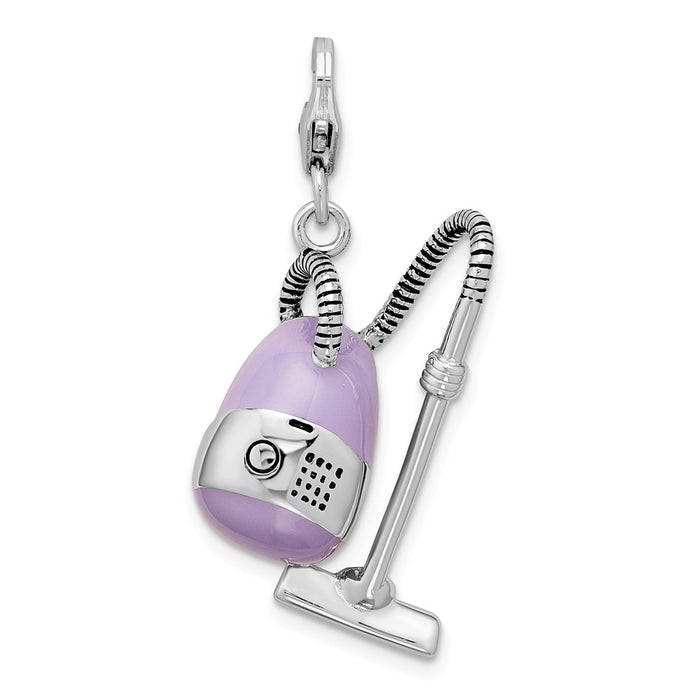 Million Charms 925 Sterling Silver Rhodium-Plated 3-D Enameled Vacuum Cleaner With Lobster Clasp Charm