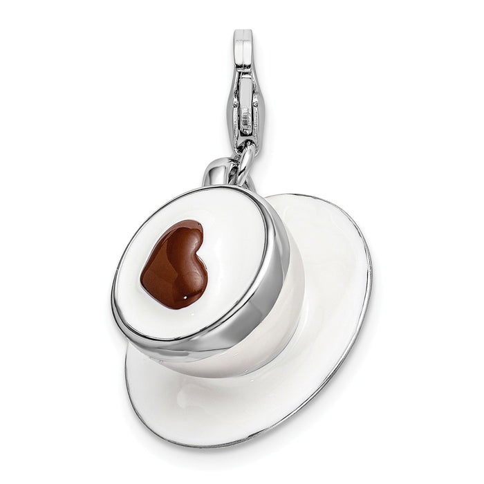 Million Charms 925 Sterling Silver With Rhodium-Plated 3-D Enameled Cappuccino With Lobster Clasp Charm
