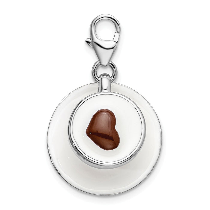 Million Charms 925 Sterling Silver With Rhodium-Plated 3-D Enameled Cappuccino With Lobster Clasp Charm