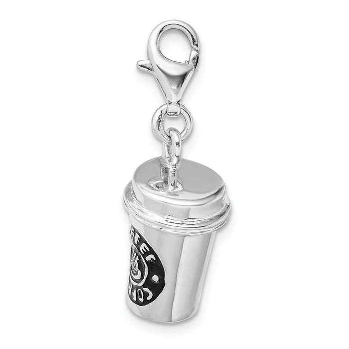 Million Charms 925 Sterling Silver Rhodium-Plated 3-D Enameled To Go Coffee Cup With Lobster Clasp Charm