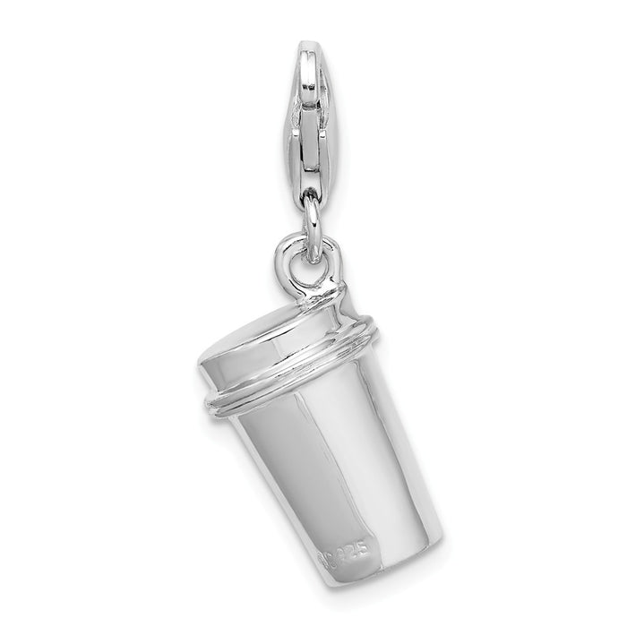 Million Charms 925 Sterling Silver Rhodium-Plated 3-D Enameled To Go Coffee Cup With Lobster Clasp Charm