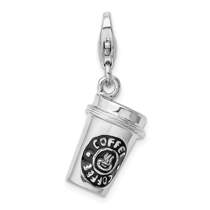 Million Charms 925 Sterling Silver Rhodium-Plated 3-D Enameled To Go Coffee Cup With Lobster Clasp Charm