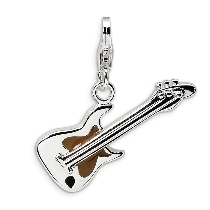 Million Charms 925 Sterling Silver With Rhodium-Plated 2-D Enameled Guitar With Lobster Clasp Charm