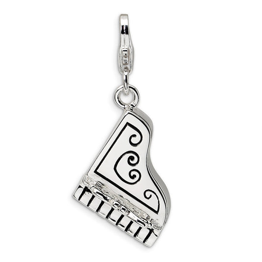 Million Charms 925 Sterling Silver With Rhodium-Plated 3-D Enameled Grand Piano With Lobster Clasp Charm