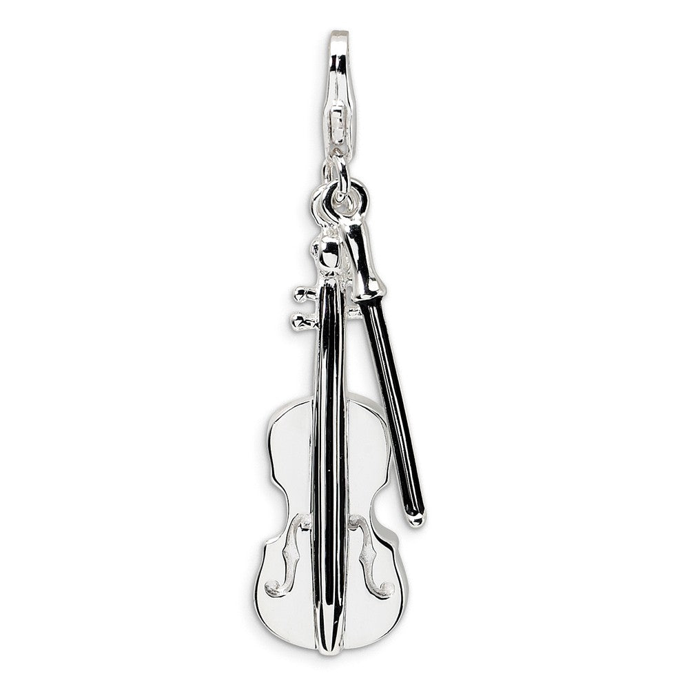 Million Charms 925 Sterling Silver With Rhodium-Plated 3-D Violin, Antiqued Bow With Lobster Clasp Charm