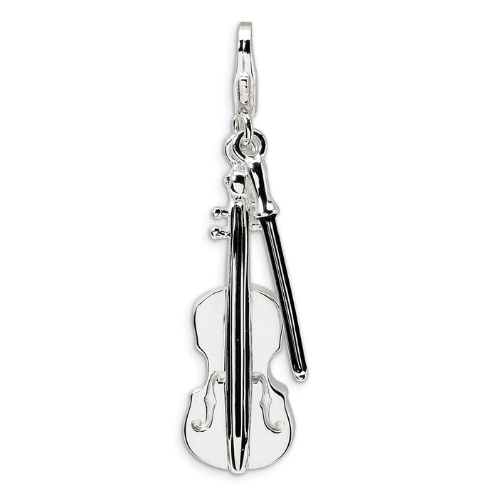 Million Charms 925 Sterling Silver With Rhodium-Plated 3-D Violin, Antiqued Bow With Lobster Clasp Charm