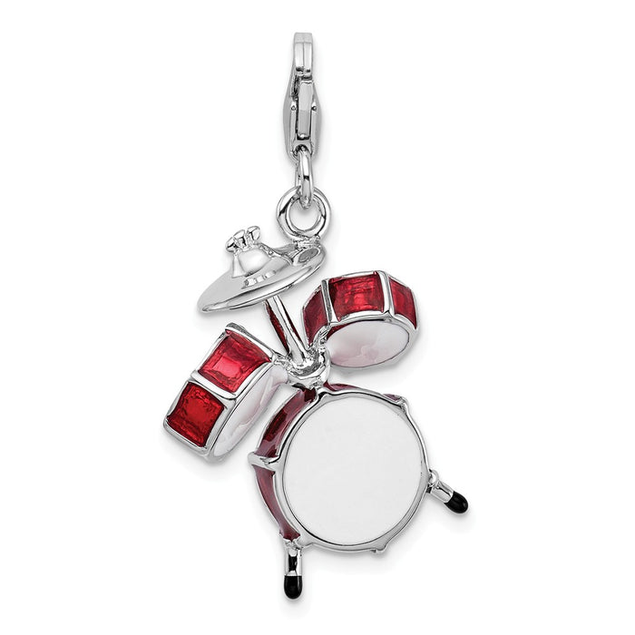 Million Charms 925 Sterling Silver With Rhodium-Plated 3-D Enameled Drum Set With Lobster Clasp Charm