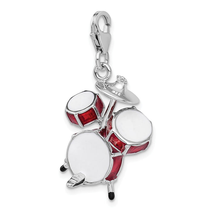 Million Charms 925 Sterling Silver With Rhodium-Plated 3-D Enameled Drum Set With Lobster Clasp Charm
