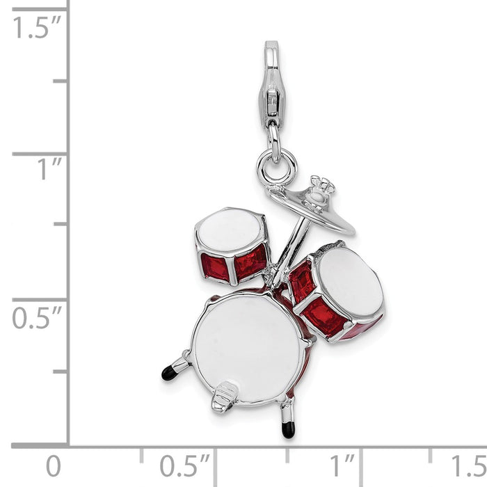 Million Charms 925 Sterling Silver With Rhodium-Plated 3-D Enameled Drum Set With Lobster Clasp Charm