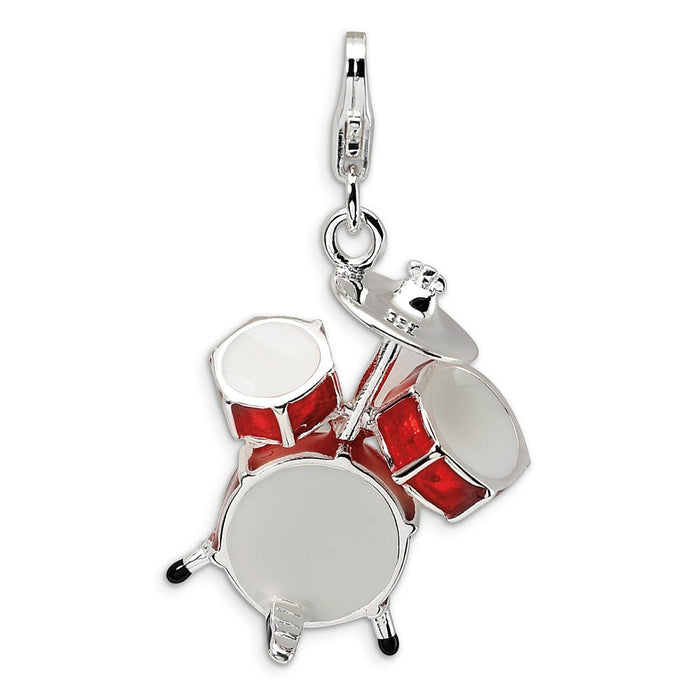 Million Charms 925 Sterling Silver With Rhodium-Plated 3-D Enameled Drum Set With Lobster Clasp Charm