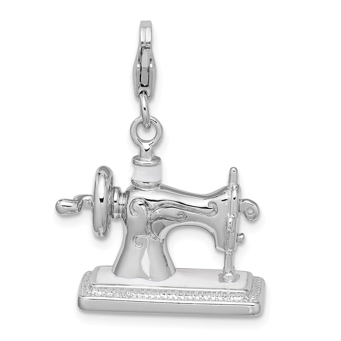 Million Charms 925 Sterling Silver Rhodium-Plated 3-D Enameled Sewing Machine With Lobster Clasp Charm