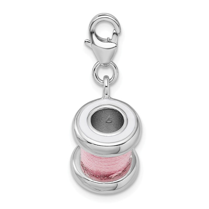 Million Charms 925 Sterling Silver With Rhodium-Plated 3-D Enameled Pink Spool Of Thread With Lobster Clasp Charm