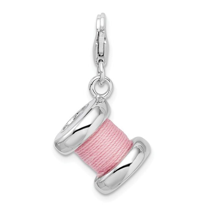 Million Charms 925 Sterling Silver With Rhodium-Plated 3-D Enameled Pink Spool Of Thread With Lobster Clasp Charm