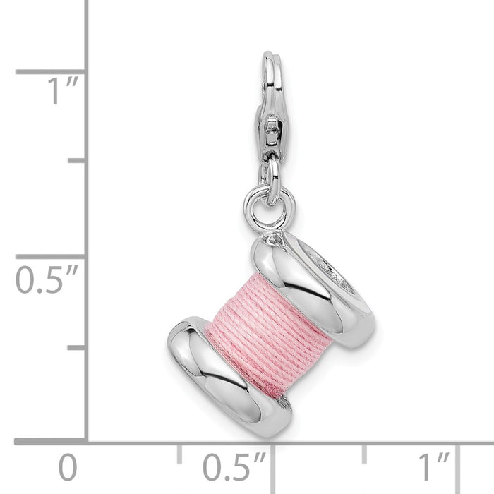 Million Charms 925 Sterling Silver With Rhodium-Plated 3-D Enameled Pink Spool Of Thread With Lobster Clasp Charm