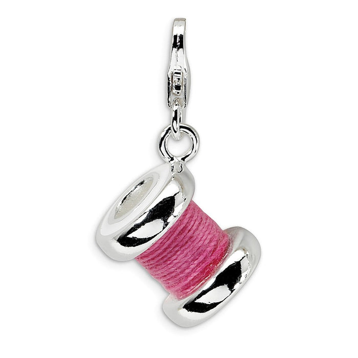 Million Charms 925 Sterling Silver With Rhodium-Plated 3-D Enameled Pink Spool Of Thread With Lobster Clasp Charm