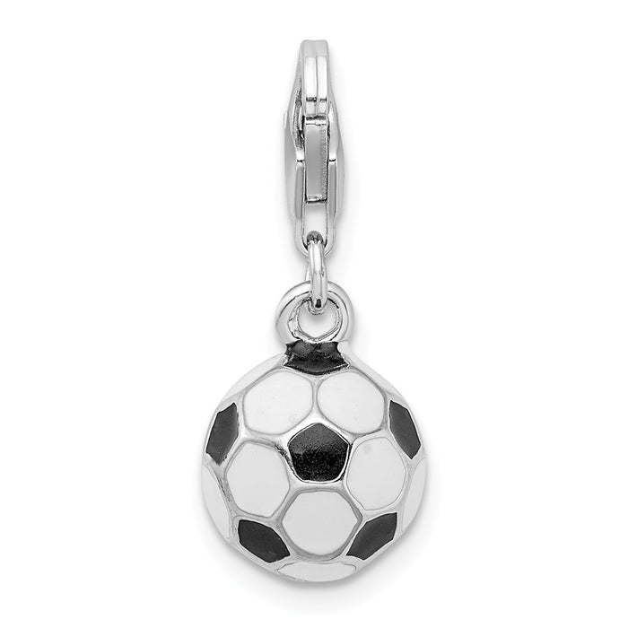 Million Charms 925 Sterling Silver Rhodium-Plated 3-D Enameled Small Sports Soccer Ball With Lobster Clasp Charm