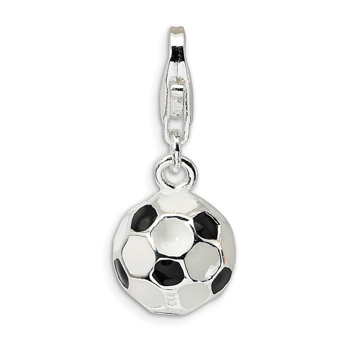 Million Charms 925 Sterling Silver Rhodium-Plated 3-D Enameled Small Sports Soccer Ball With Lobster Clasp Charm