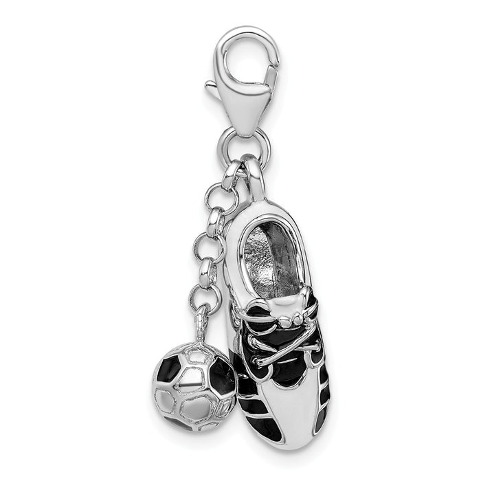 Million Charms 925 Sterling Silver Rhodium-Plated 3-D Enameled Sports Soccer Shoe & Ball With Lobster Clasp Charm