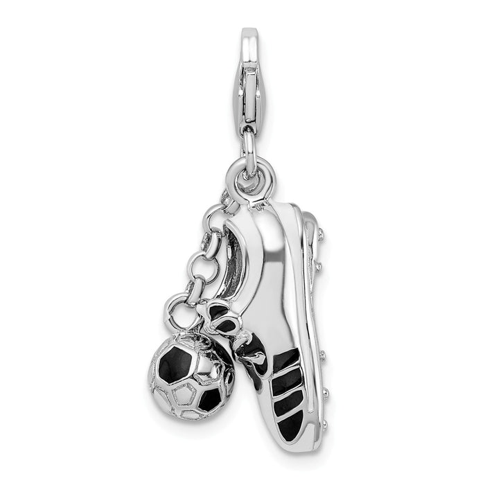 Million Charms 925 Sterling Silver Rhodium-Plated 3-D Enameled Sports Soccer Shoe & Ball With Lobster Clasp Charm