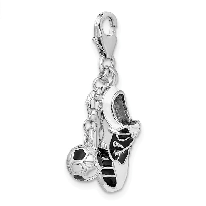 Million Charms 925 Sterling Silver Rhodium-Plated 3-D Enameled Sports Soccer Shoe & Ball With Lobster Clasp Charm