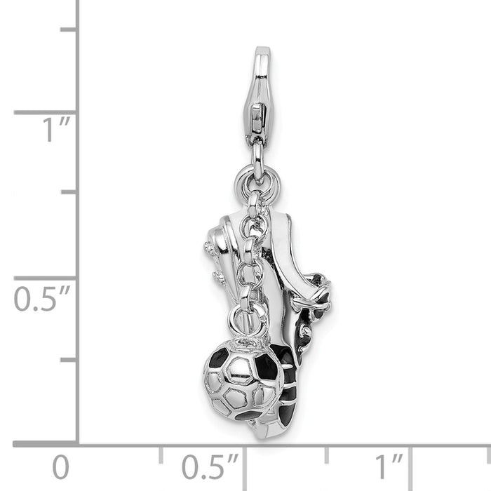 Million Charms 925 Sterling Silver Rhodium-Plated 3-D Enameled Sports Soccer Shoe & Ball With Lobster Clasp Charm