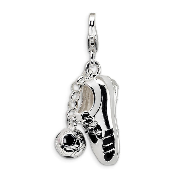 Million Charms 925 Sterling Silver Rhodium-Plated 3-D Enameled Sports Soccer Shoe & Ball With Lobster Clasp Charm