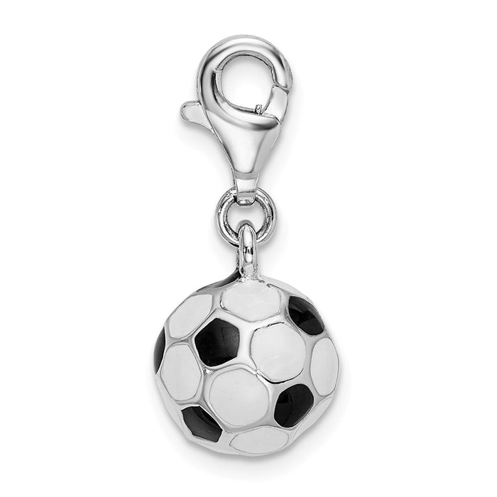 Million Charms 925 Sterling Silver Rhodium-Plated 3-D Enamel Sports Soccer Ball With Lobster Clasp Charm