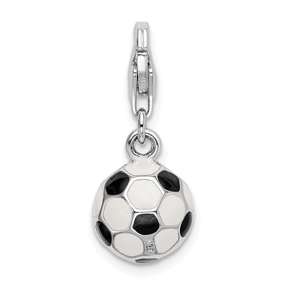 Million Charms 925 Sterling Silver Rhodium-Plated 3-D Enamel Sports Soccer Ball With Lobster Clasp Charm