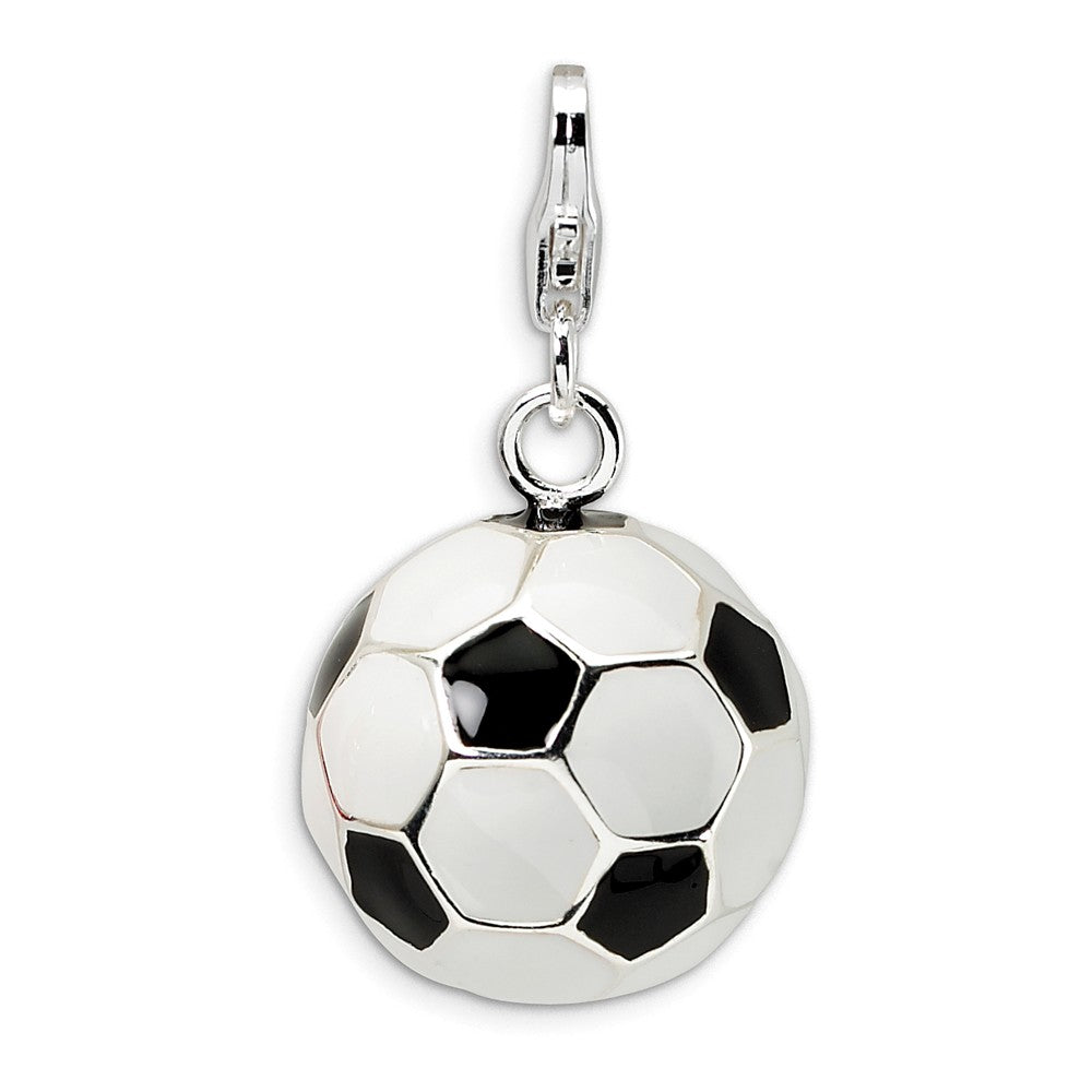 Million Charms 925 Sterling Silver Rhodium-Plated 3-D Enamel Sports Soccer Ball With Lobster Clasp Charm