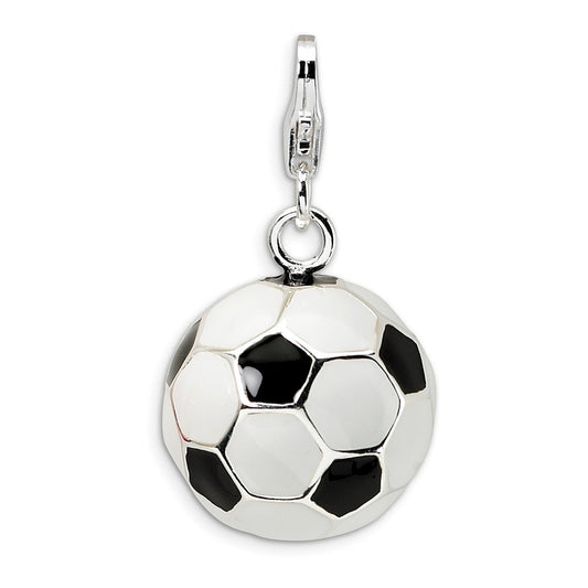 Million Charms 925 Sterling Silver Rhodium-Plated 3-D Enamel Sports Soccer Ball With Lobster Clasp Charm