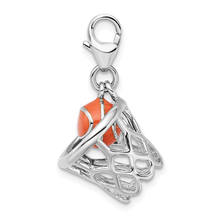 Million Charms 925 Sterling Silver Rhodium-Plated 3-D Enameled Sports Basketball In Net With Lobster Clasp Charm
