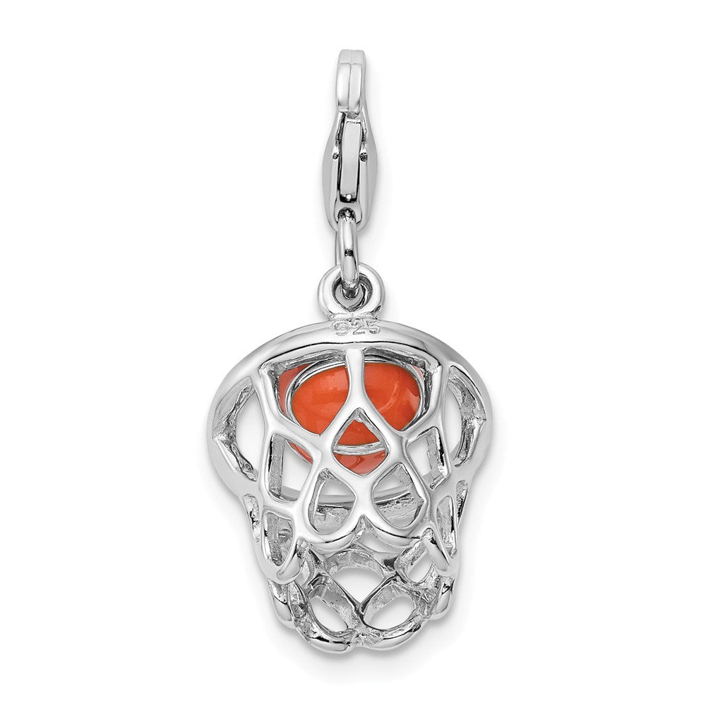 Million Charms 925 Sterling Silver Rhodium-Plated 3-D Enameled Sports Basketball In Net With Lobster Clasp Charm
