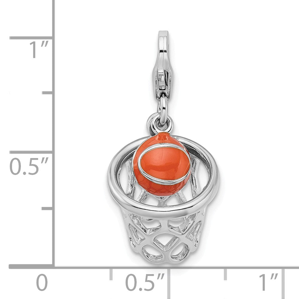 Million Charms 925 Sterling Silver Rhodium-Plated 3-D Enameled Sports Basketball In Net With Lobster Clasp Charm
