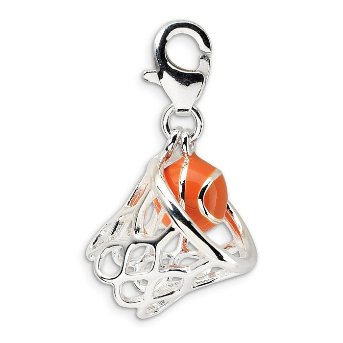 Million Charms 925 Sterling Silver Rhodium-Plated 3-D Enameled Sports Basketball In Net With Lobster Clasp Charm