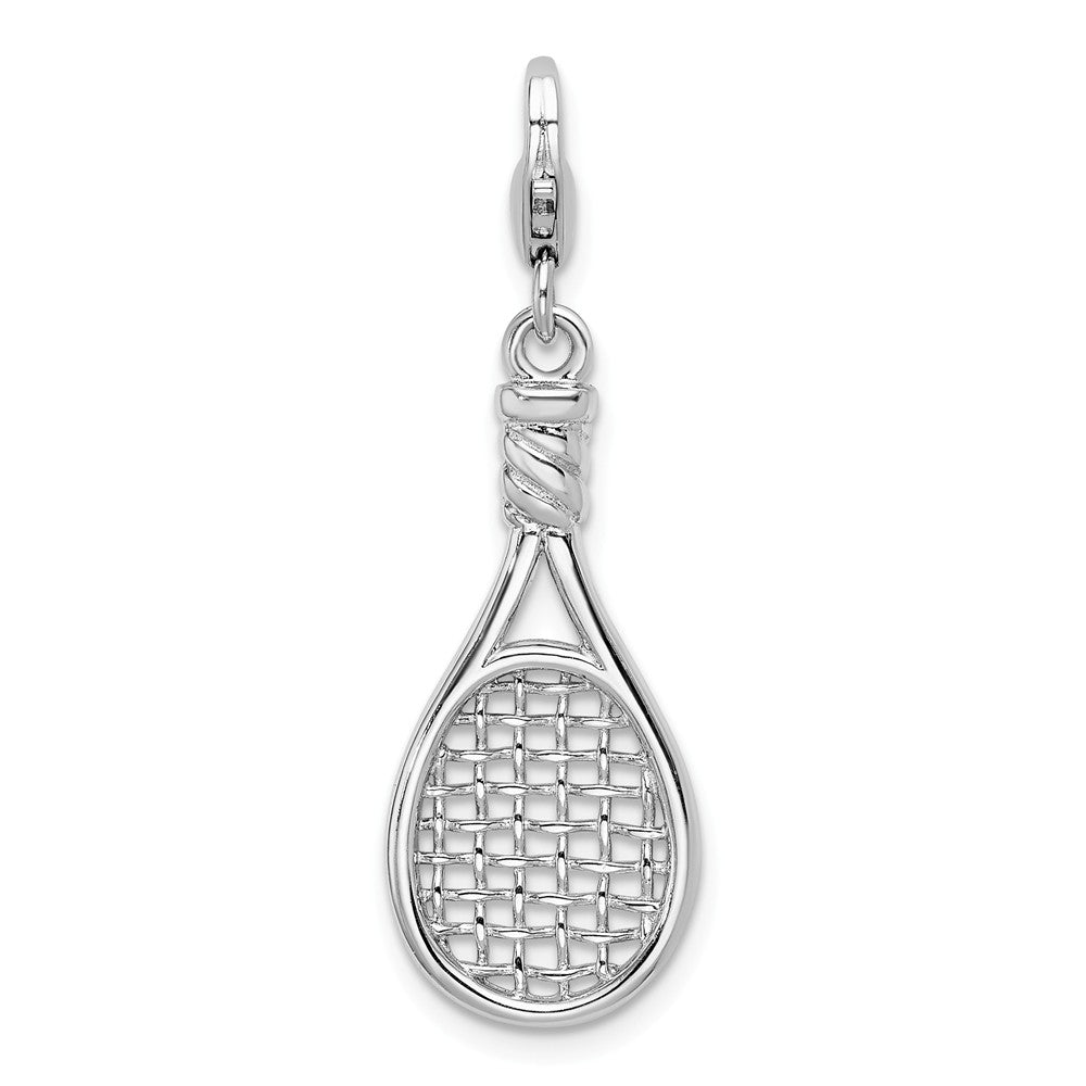 Million Charms 925 Sterling Silver Rhodium-Plated 3-D Polished Sports Tennis Racquet With Lobster Clasp Charm