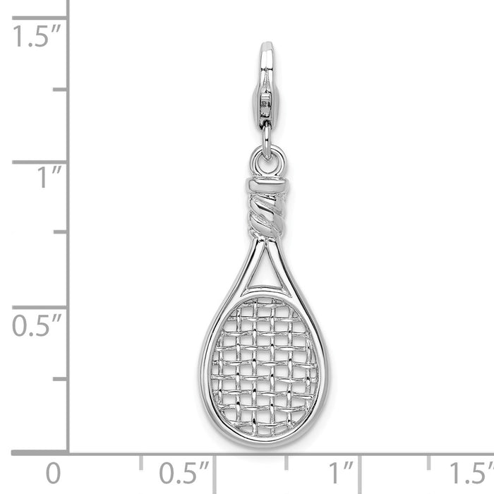 Million Charms 925 Sterling Silver Rhodium-Plated 3-D Polished Sports Tennis Racquet With Lobster Clasp Charm