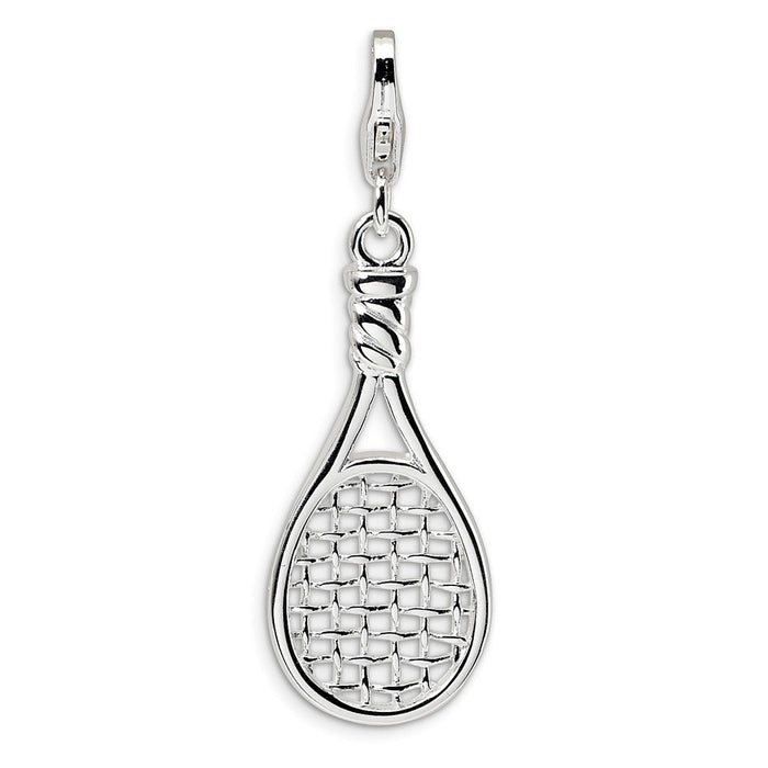 Million Charms 925 Sterling Silver Rhodium-Plated 3-D Polished Sports Tennis Racquet With Lobster Clasp Charm