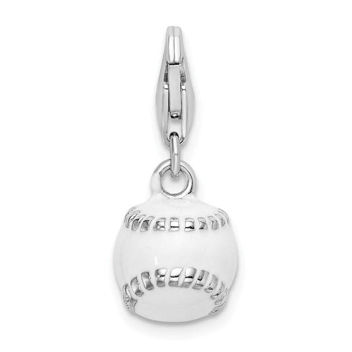 Million Charms 925 Sterling Silver Rhodium-Plated 3-D Polished & Enamel Sports Baseball With Lobster Clasp Charm