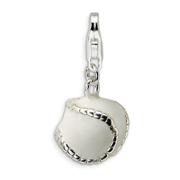 Million Charms 925 Sterling Silver Rhodium-Plated 3-D Polished & Enamel Sports Baseball With Lobster Clasp Charm