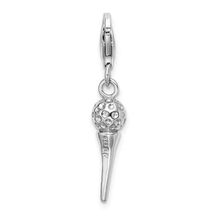Million Charms 925 Sterling Silver Rhodium-Plated 3-D Sports Golf Ball On Tee With Lobster Clasp Charm