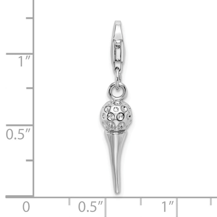 Million Charms 925 Sterling Silver Rhodium-Plated 3-D Sports Golf Ball On Tee With Lobster Clasp Charm