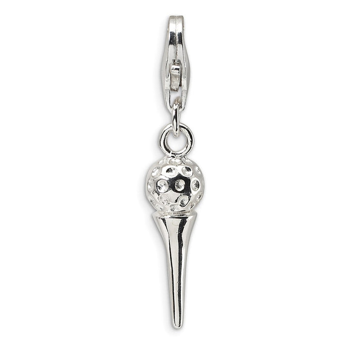 Million Charms 925 Sterling Silver Rhodium-Plated 3-D Sports Golf Ball On Tee With Lobster Clasp Charm