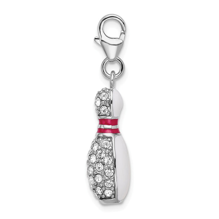 Million Charms 925 Sterling Silver Rhodium-Plated 3-D Enameled Bowling Pin With Lobster Clasp Charm
