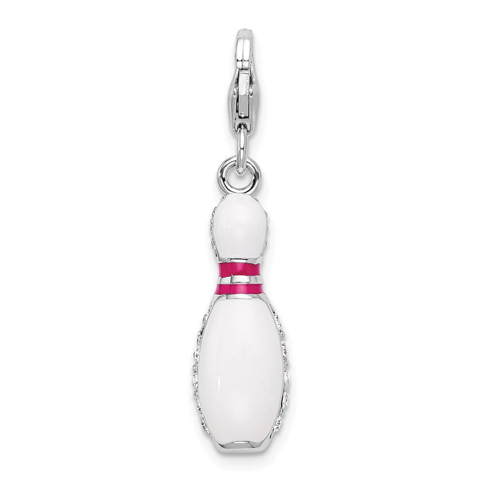 Million Charms 925 Sterling Silver Rhodium-Plated 3-D Enameled Bowling Pin With Lobster Clasp Charm
