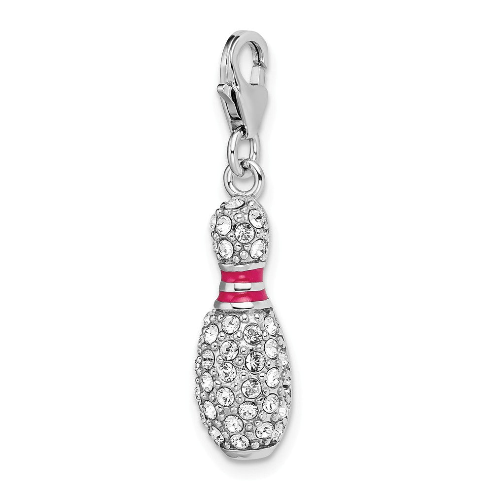 Million Charms 925 Sterling Silver Rhodium-Plated 3-D Enameled Bowling Pin With Lobster Clasp Charm