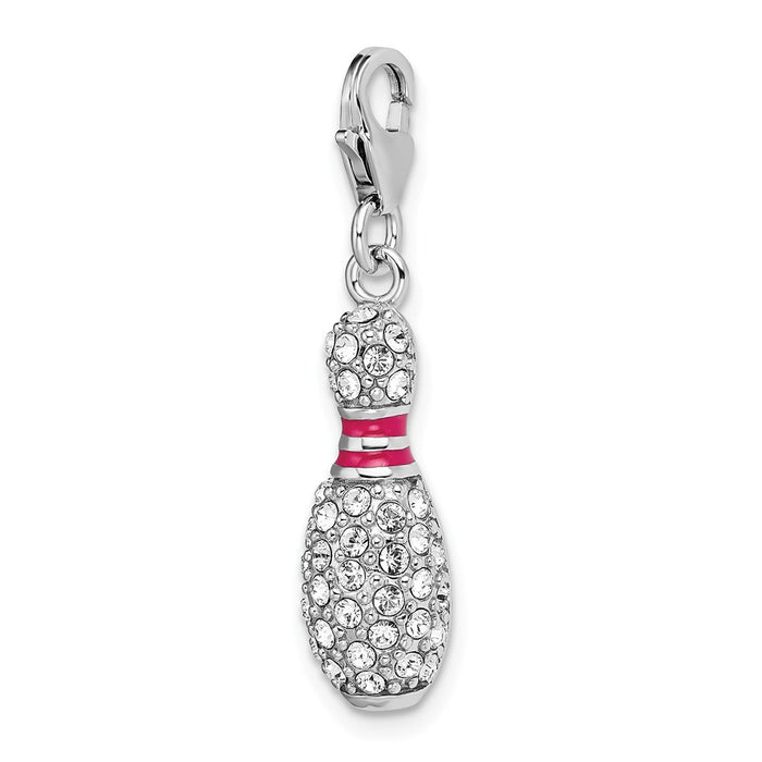 Million Charms 925 Sterling Silver Rhodium-Plated 3-D Enameled Bowling Pin With Lobster Clasp Charm