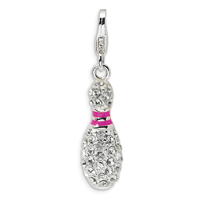 Million Charms 925 Sterling Silver Rhodium-Plated 3-D Enameled Bowling Pin With Lobster Clasp Charm